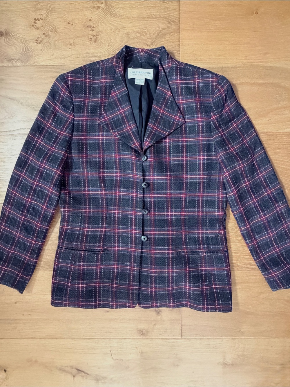 VTG 90s Liz Claiborne Wool Blend Plaid Blazer Jacket Black Red Dark Academia 12P